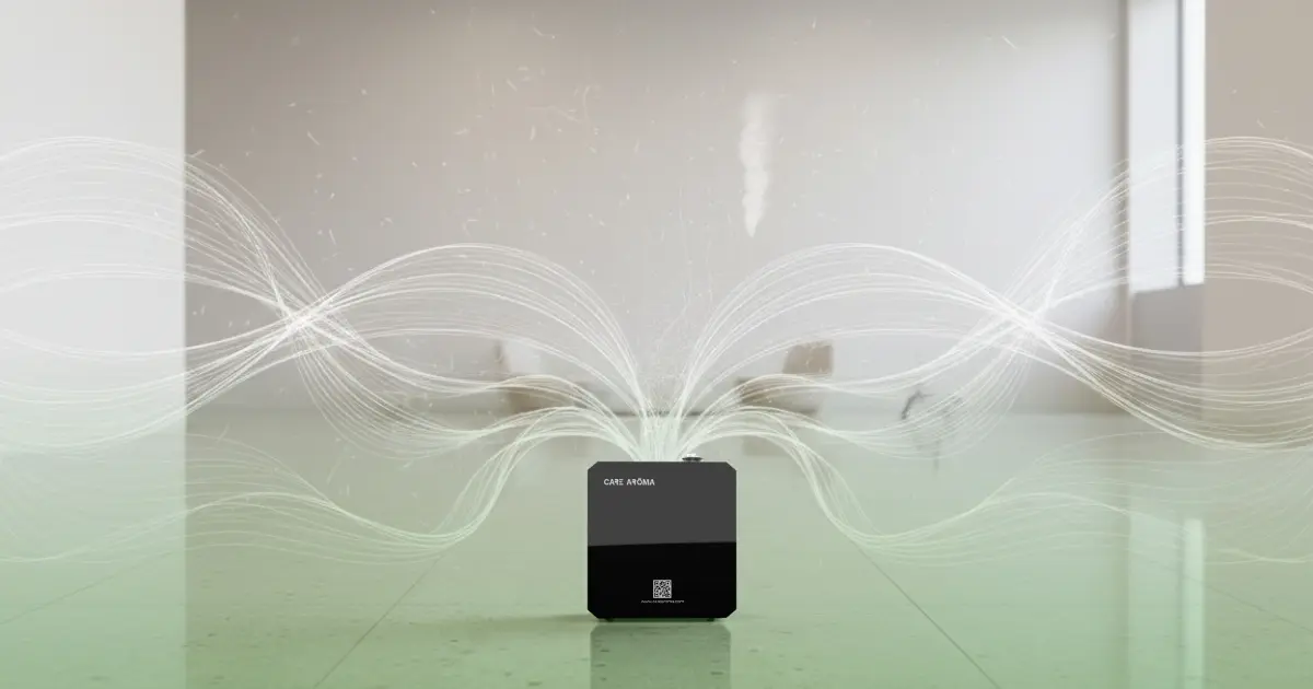 Illustration showing how cold-air scent diffusion disperses fragrance evenly into an indoor space