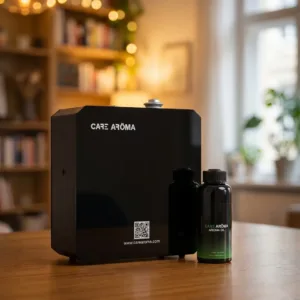 Care Aroma scent diffuser for home with essential oil bottle on wooden cabinet