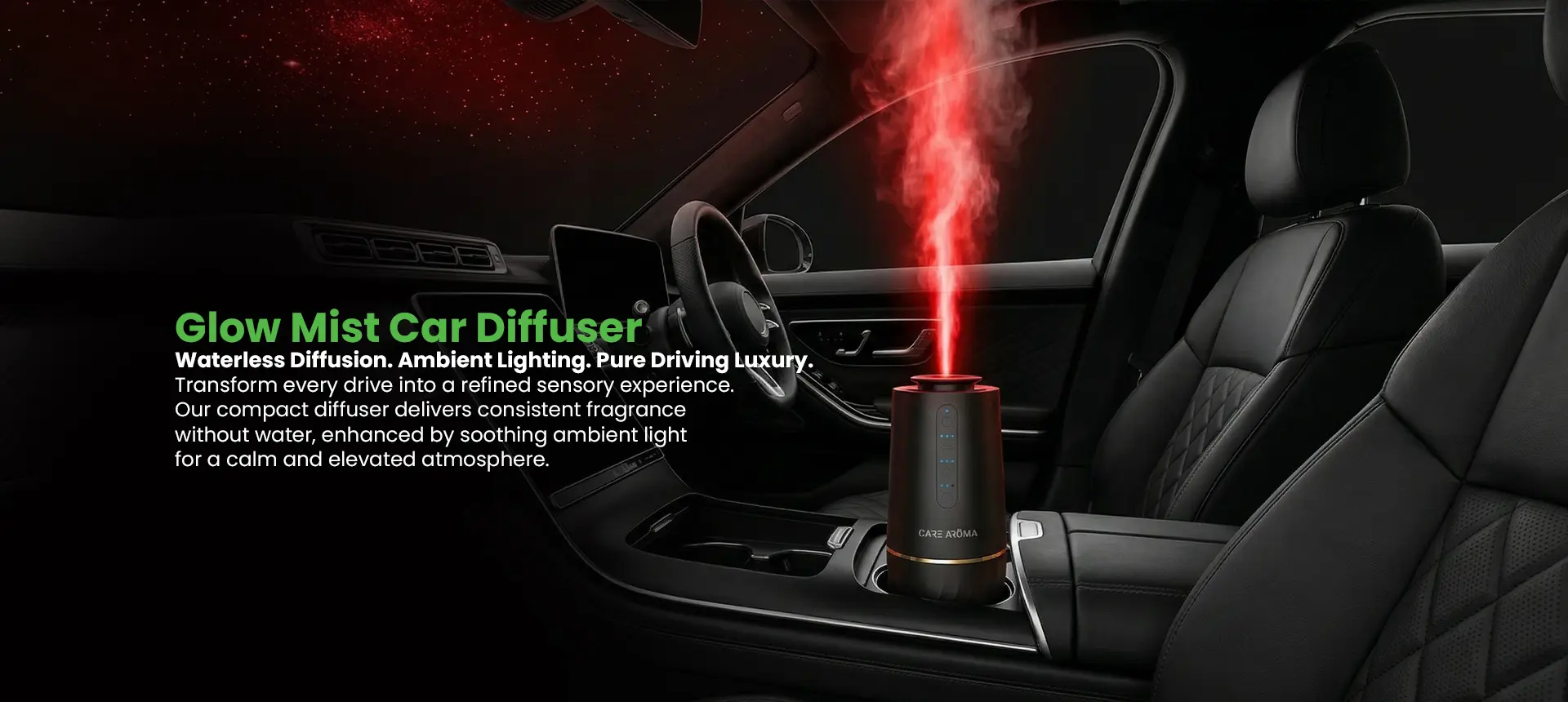 Waterless car aroma diffuser with LED ambient lighting placed in premium car interior for long-lasting fragrance experience